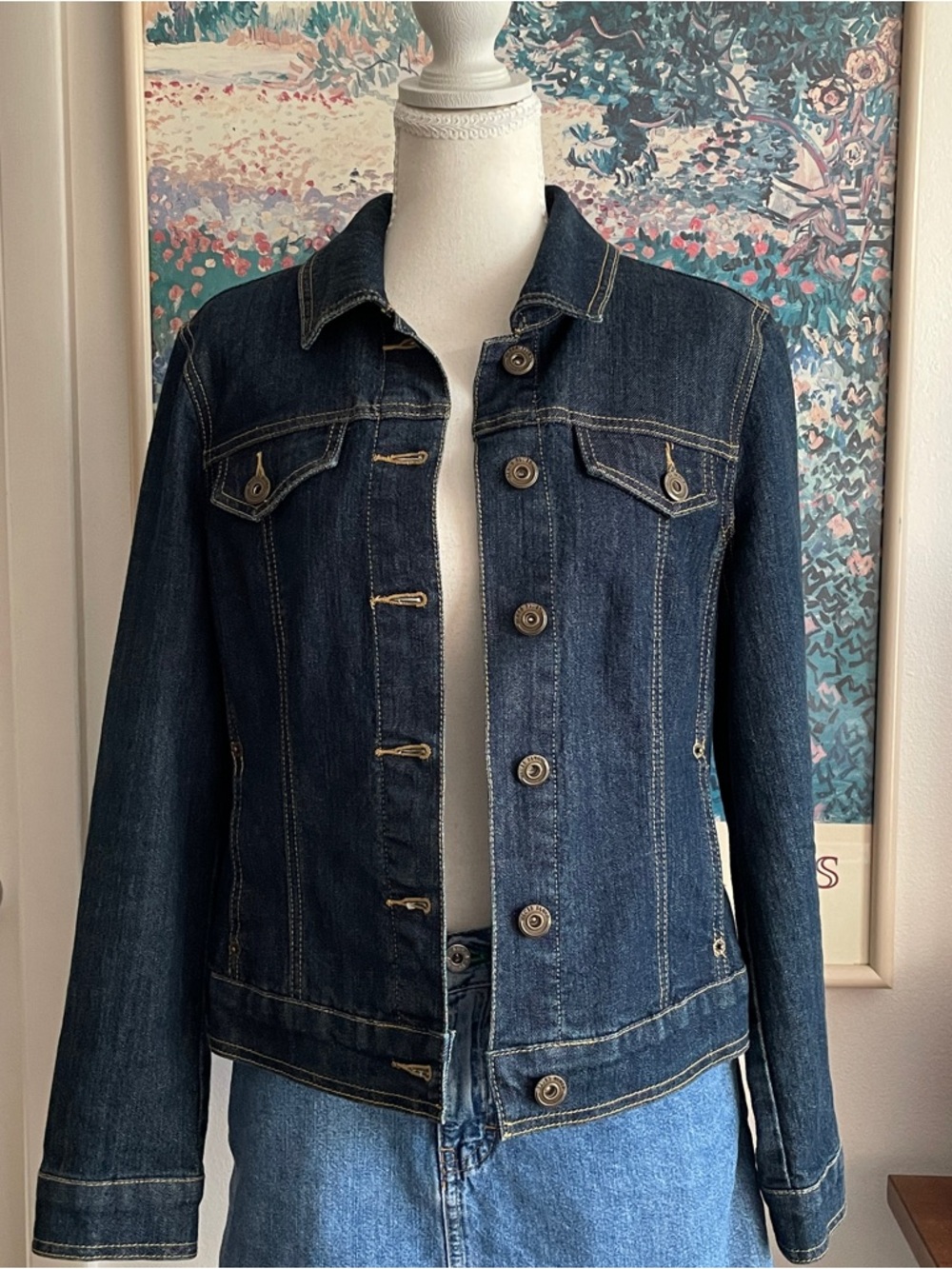Vintage Y2K Dark Wash Denim Jean Jacket Medium Classic Indie Model Off Duty 90s - Picture 2 of 16